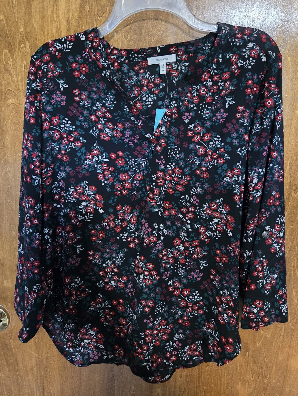 Maurices Black Floral Button-Tab Sleeve Blouse